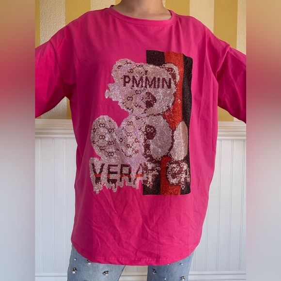 Pink Graphic T-Shirt with Bear Design - Picture 6 of 7